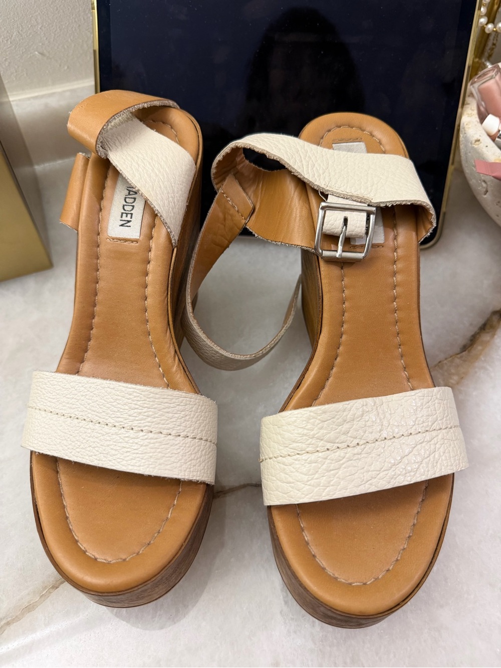 Steve Madden Cream and Tan Leather Platform Sandals